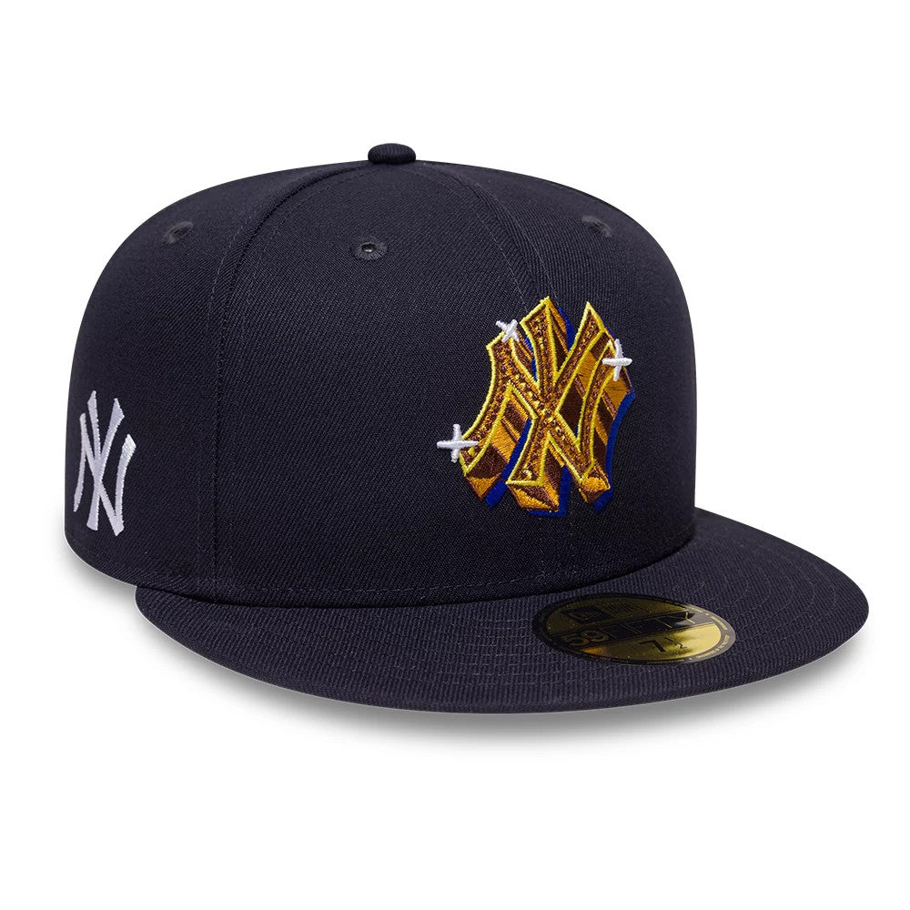 Pictured is this MLB Emblem New York Yankees 59FIFTY Fitted cap in navy. 1