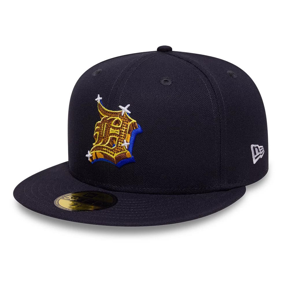 Detroit Tigers MLB Emblem Navy New Era 59FIFTY Fitted Cap, front view showing an ornate gold and brown embroidered Tigers logo on the front panel, paired with a navy flat visor and a gold 59FIFTY size sticker.