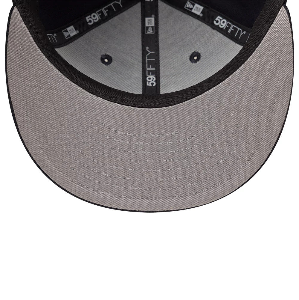 Detroit Tigers MLB Emblem Navy New Era 59FIFTY Fitted Cap, inside view highlighting the light grey undervisor, black sweatband with 59FIFTY branding, and black taping with repeated logos spanning the inner panels.