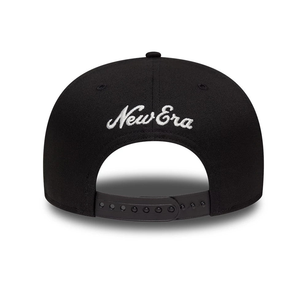 New York Yankees MLB Outdoor Icon Black New Era 9FIFTY Snapback Adjustable Cap, rear view showing the white embroidered New Era script on the back panels and a black adjustable snap closure below, completing the structured black crown.