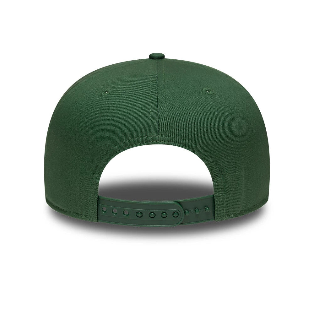 Yankees MLB League Essential Dark Green New Era 9FIFTY Snapback Adjustable Cap, rear view showing the adjustable snapback closure and plain dark green back panels with a top button, providing a close look at the structured crown shape.