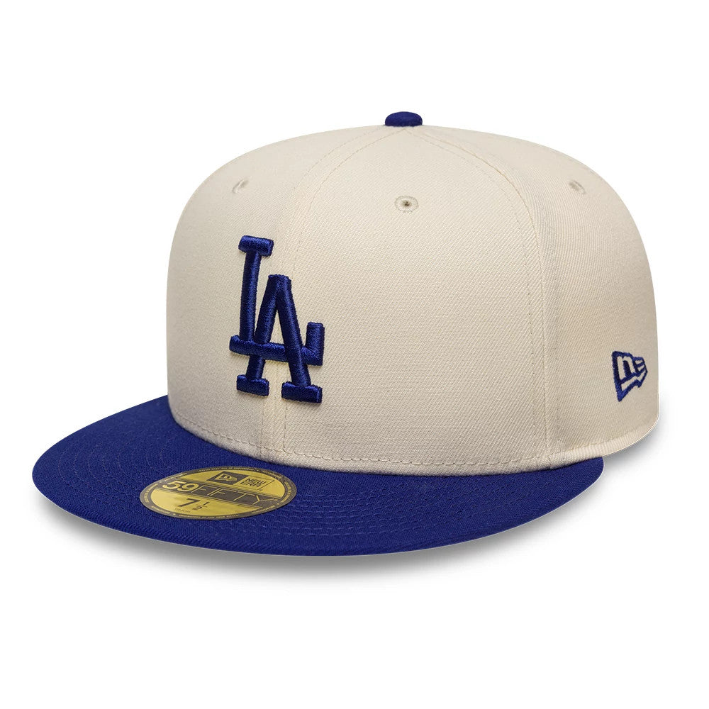 Pictured is this MLB Side Script LA Dodgers 59FIFTY Fitted cap in cream & blue. 4