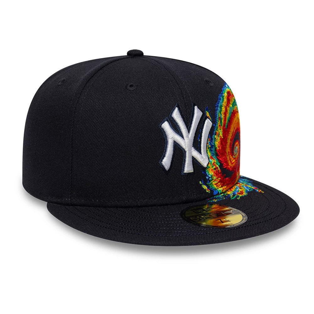 New York Yankees MLB Storm Pattern Navy New Era 59FIFTY Fitted Cap, front view showing a white embroidered NY logo and storm graphic on the front panel, with a flat navy visor and gold 59FIFTY size sticker.