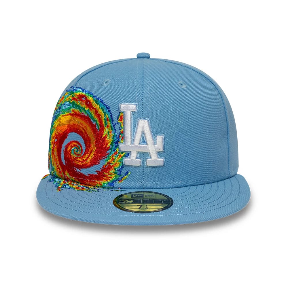 Pictured is this MLB Storm Pattern LA Dodgers 59FIFTY Fitted cap in pastel blue. 2
