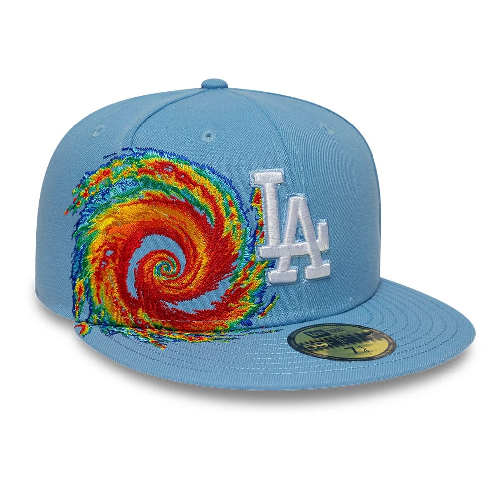 Pictured is this MLB Storm Pattern LA Dodgers 59FIFTY Fitted cap in pastel blue. 1