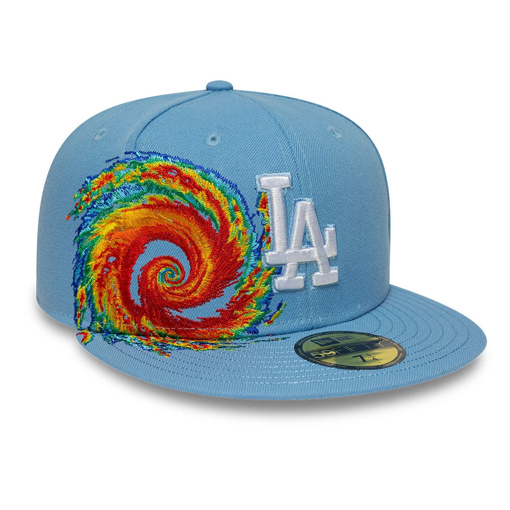 Pictured is this MLB Storm Pattern LA Dodgers 59FIFTY Fitted cap in pastel blue. 1