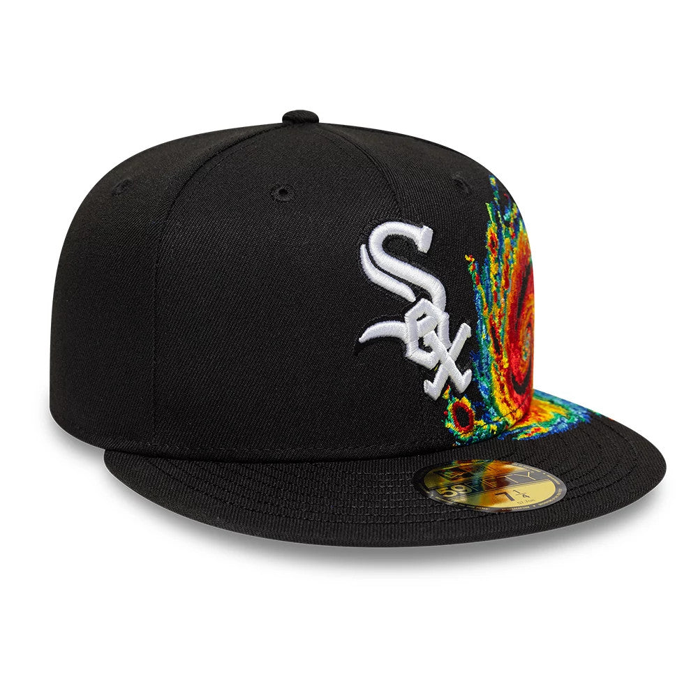 Chicago White Sox MLB Storm Pattern Black New Era 59FIFTY Fitted Cap, front view showing a raised white embroidered logo on the black front panel, with a multicolour storm pattern on the visor, and a gold 59FIFTY size sticker.