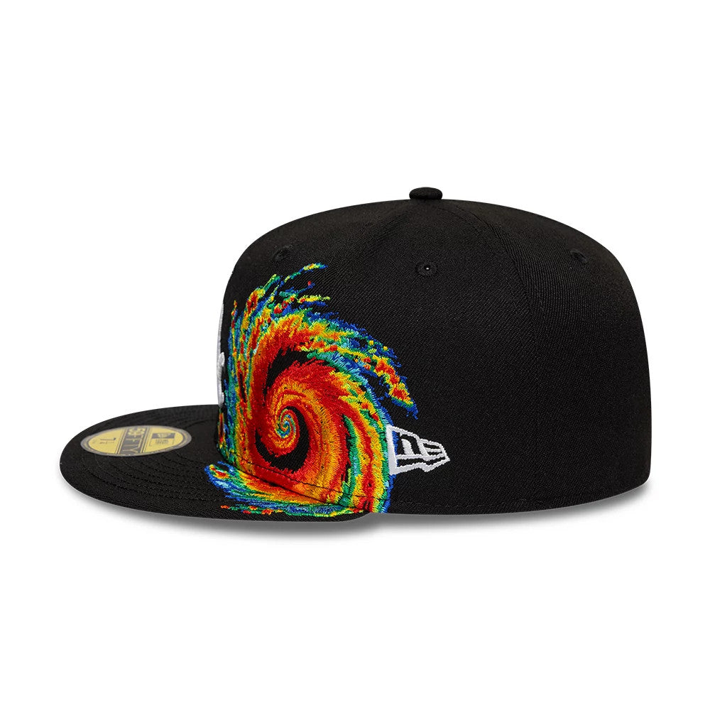 Chicago White Sox MLB Storm Pattern Black New Era 59FIFTY Fitted Cap, side view showing the multicoloured storm graphic embroidery on the front panel, white New Era flag logo on the left side, and a flat black visor with a gold 59FIFTY size sticker.