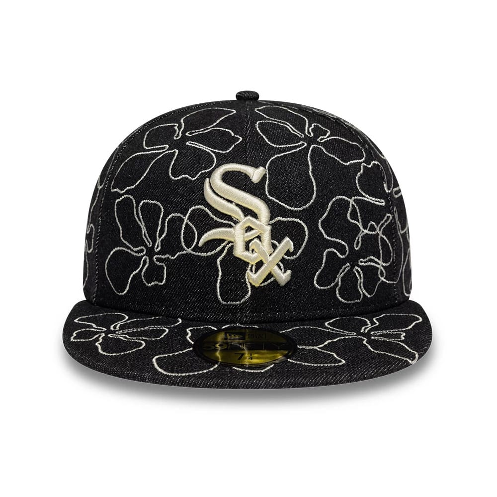 Chicago White Sox MLB Floral Denim Black New Era 59FIFTY Fitted Cap, front view showing the prominent white embroidered team logo on the black floral denim front panels, with a flat visor and a gold 59FIFTY size sticker on top.
