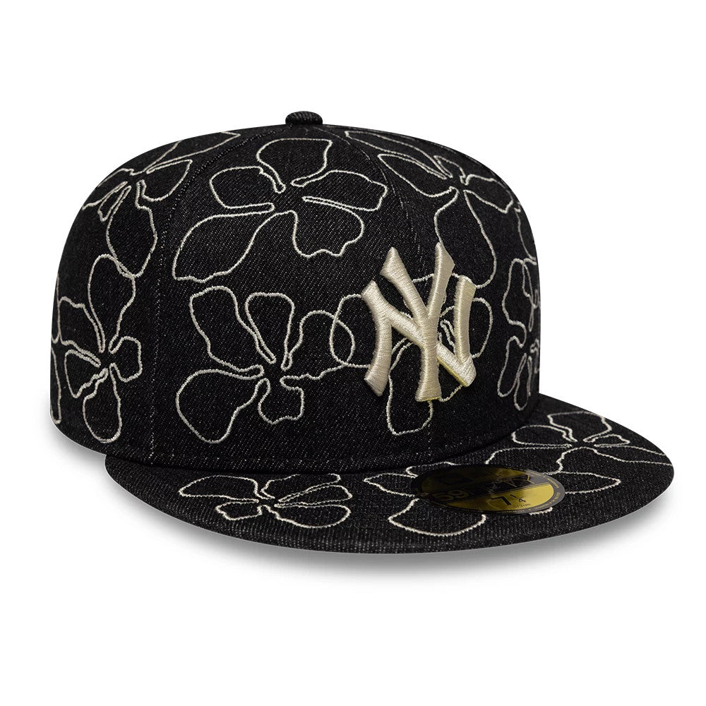 New York Yankees MLB Floral Denim Black New Era 59FIFTY Fitted Cap, front view showing a cream raised New York Yankees logo on the front panel, surrounded by white floral embroidery on a black denim background.