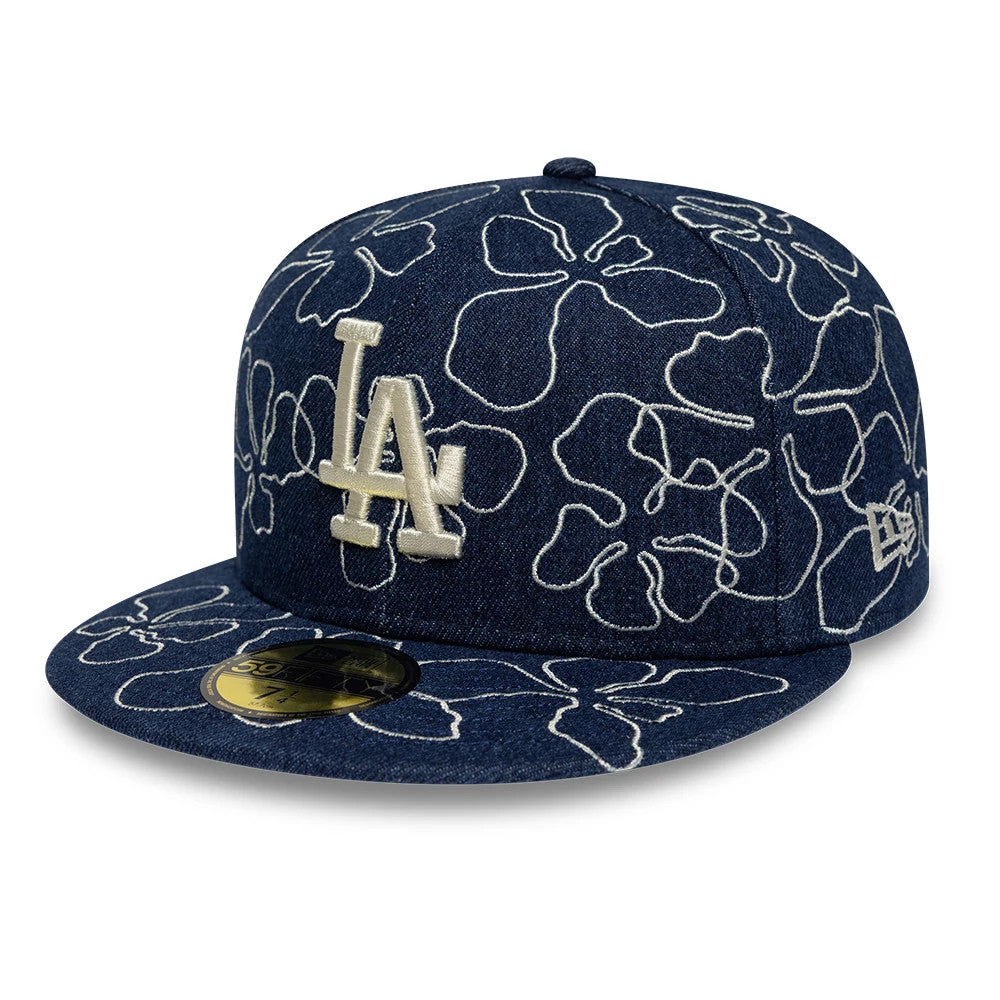 Pictured is this MLB Floral Denim LA Dodgers 59FIFTY Fitted cap in blue. 1