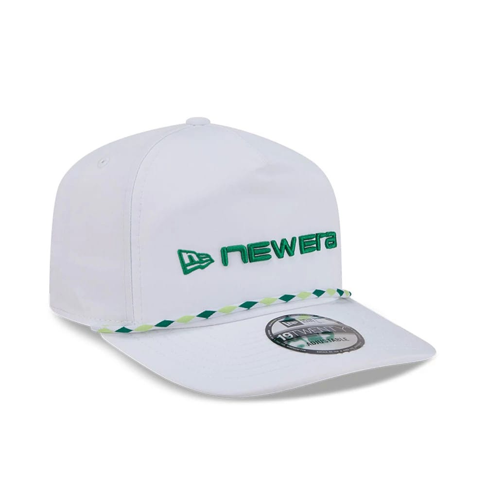 New Era Golf White New Era 19TWENTY Adjustable Cap, three-quarter view showing green embroidered New Era wordmark and flag logo on the front panel, a green and white braided rope across the visor.
