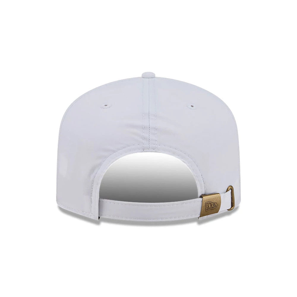 New Era Golf White 19TWENTY Adjustable Cap, rear view showing the open back with a brass buckle adjustable strap, white structured crown and two small stitched eyelets on each side.