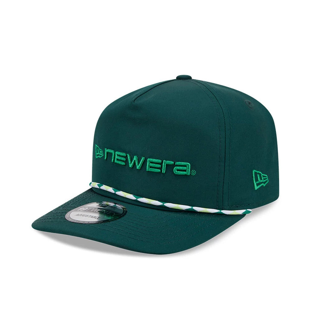 New Era Golf Dark Green 19TWENTY Adjustable Cap, three-quarter view showing green embroidered New Era lettering on the front panel, a green and white braided rope on the visor, and a 19TWENTY size sticker on the dark green curved visor.