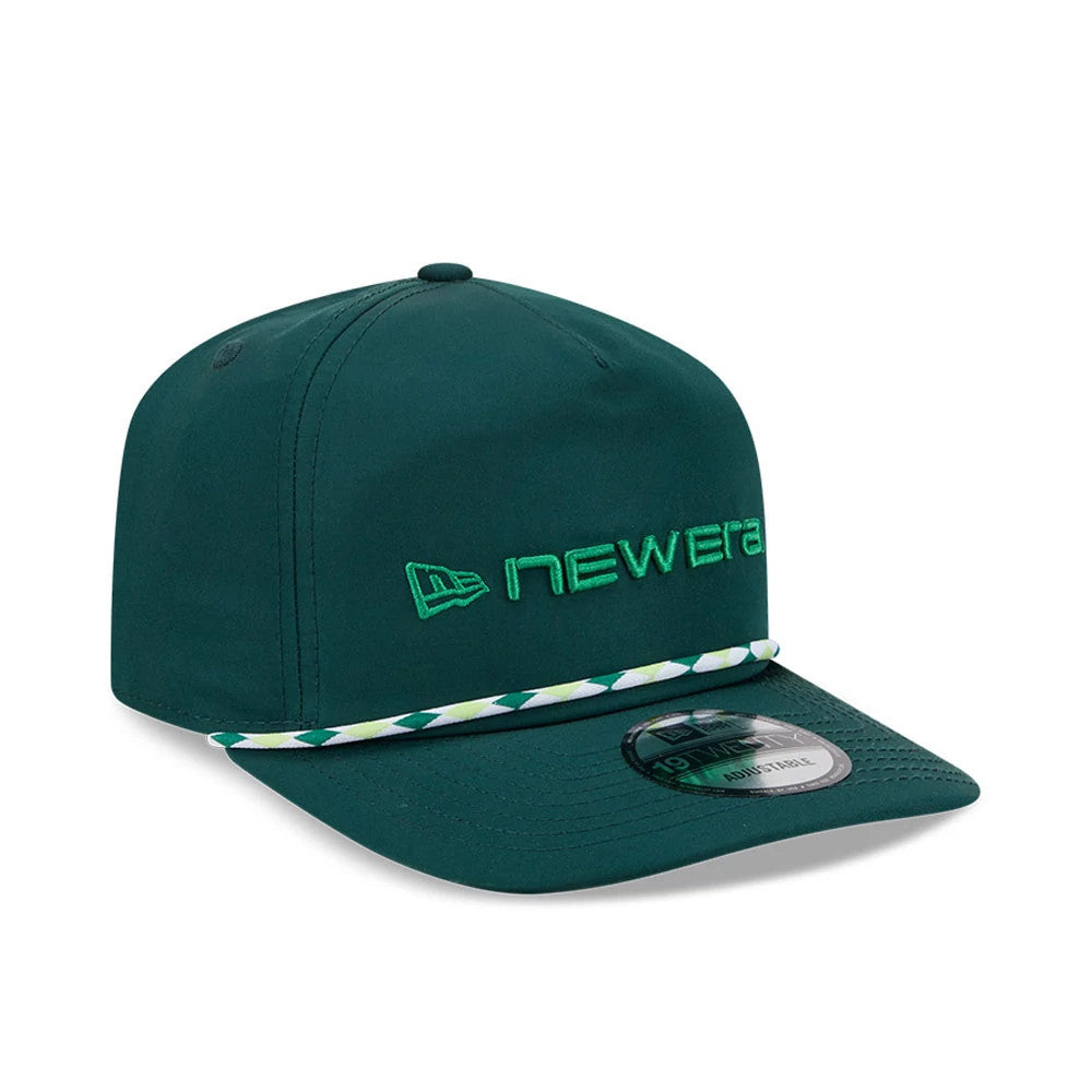 New Era Golf Dark Green New Era 19TWENTY Adjustable Cap, three-quarter view showing raised green embroidered New Era script and logo on the front panel, a distinctive green and white rope detail above the dark green visor.