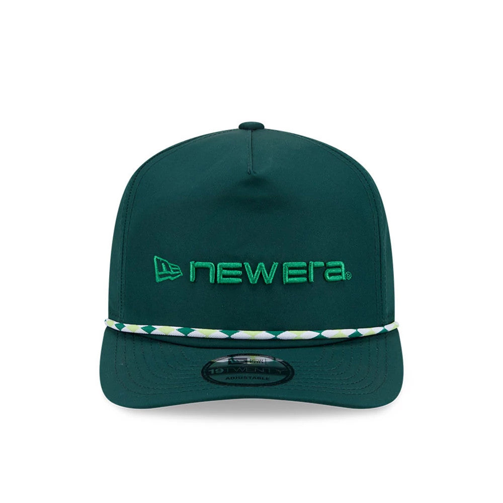 New Era Golf Dark Green New Era 19TWENTY Adjustable Cap, front view showing green raised embroidery of the New Era logo on the structured dark green crown, white and green rope detail above the visor, and 19TWENTY size sticker on the curved visor.