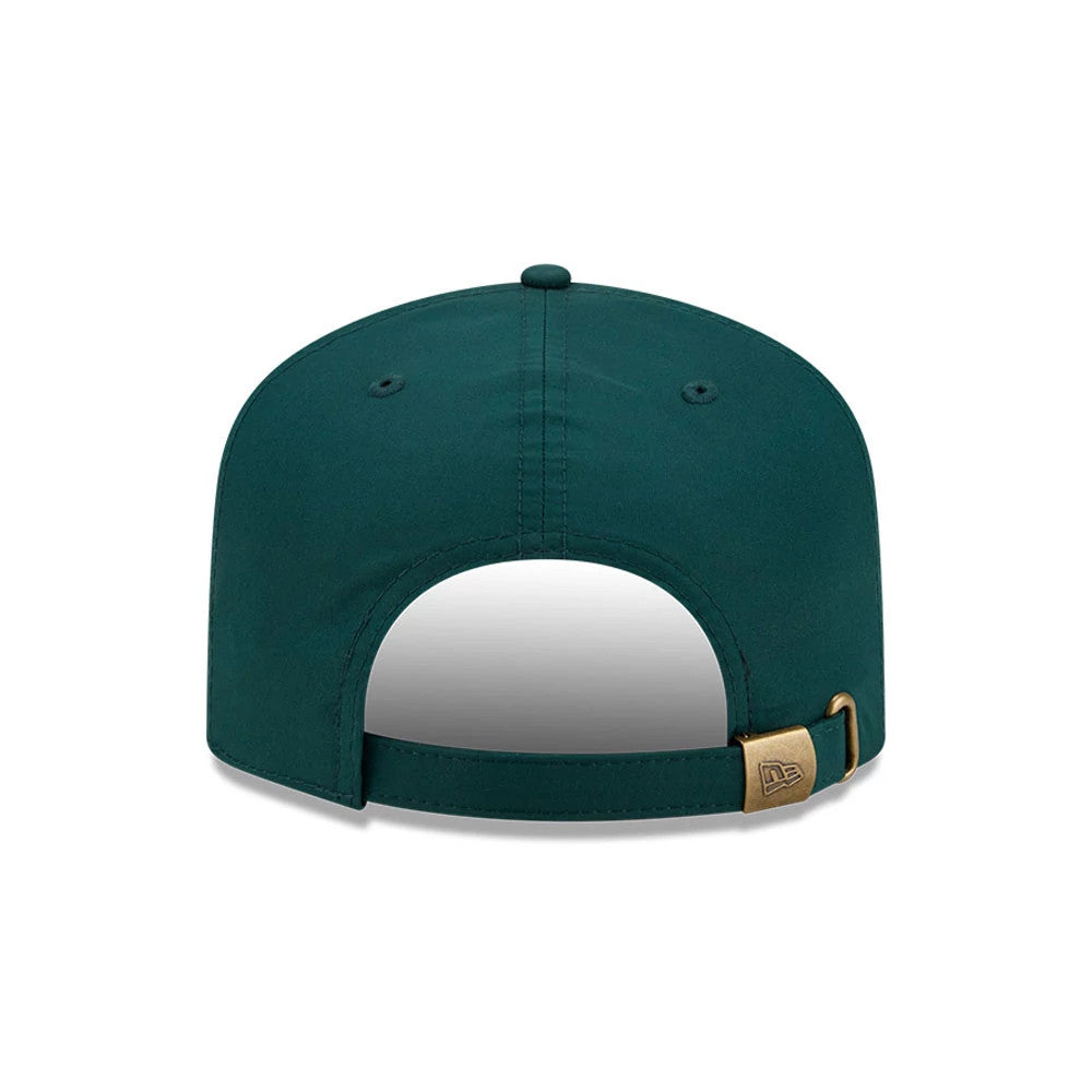 New Era Golf Dark Green New Era 19TWENTY Adjustable Cap, rear view showing a golden buckle with the New Era flag logo on a dark green strap, two stitched eyelets on the structured crown, and a round top button.
