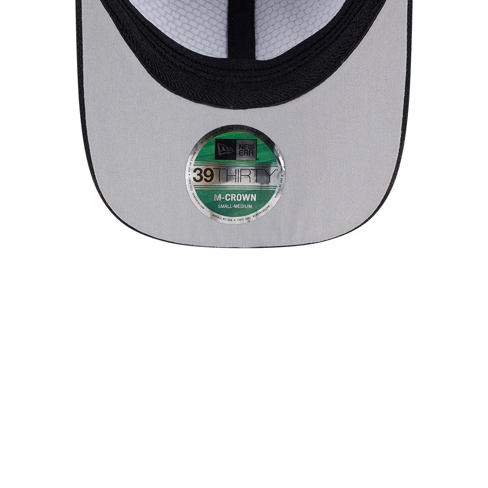 New Era Golf Rubber Patch Black 39THIRTY M-Crown Stretch Fit Cap, inside view showing the grey undervisor with a black sweatband around the edge, featuring a 39THIRTY size sticker marked M-Crown Small-Medium at the centre.