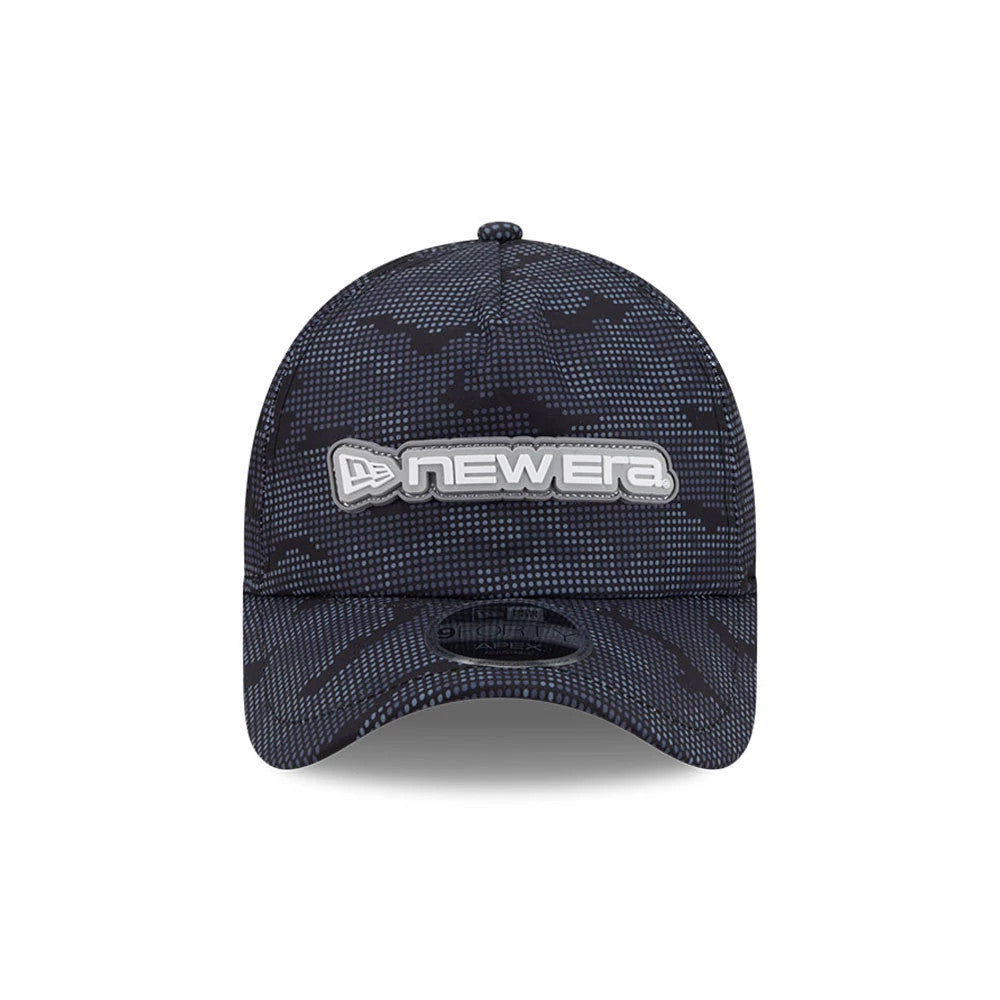 New Era Golf Black Camo 9FORTY Apex Adjustable Cap, front view with a raised embroidered new era logo in grey on the structured crown, black camo print across the panels, and a black 9FORTY size sticker on the curved visor.