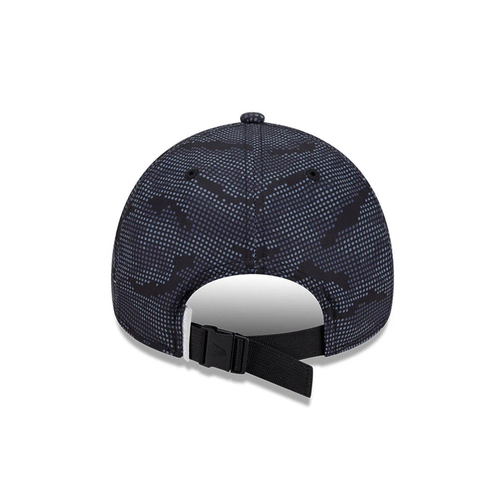 New Era Golf Black Camo New Era 9FORTY Apex Adjustable Cap, rear view showing the intricate black camo pattern across the structured crown, with two black embroidered eyelets, and a black adjustable strap featuring a side buckle for fastening.