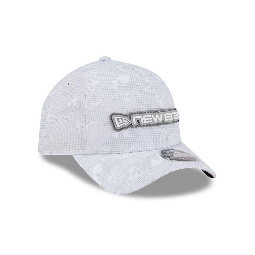 New Era Golf White Camo New Era 9FORTY Apex Adjustable Cap, three-quarter view showing the raised New Era script logo on the structured white camo crown, with a curved visor and 9FORTY size sticker on the right side.