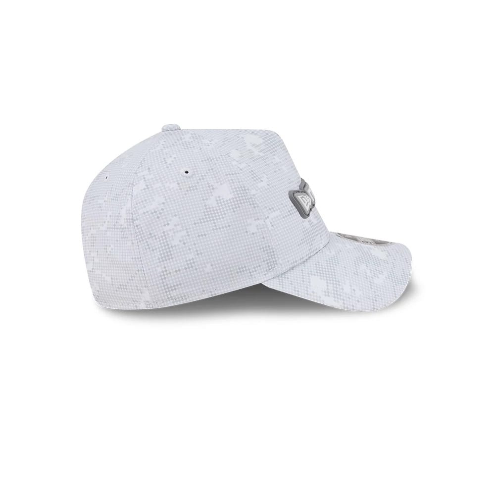 New Era Golf White Camo 9FORTY Apex Adjustable Cap, side view showing the structured crown with a grey digital camo pattern, New Era flag logo embroidered on the left side, and a curved visor with a 9FORTY size sticker.