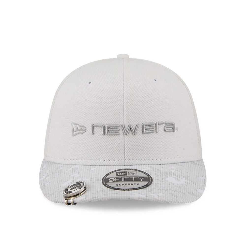 New Era Golf White New Era 9FIFTY Snapback Adjustable Cap, front view showing raised silver embroidered logo on the front panel, a slightly curved white patterned visor with a pin at the left side, and a 9FIFTY size sticker.