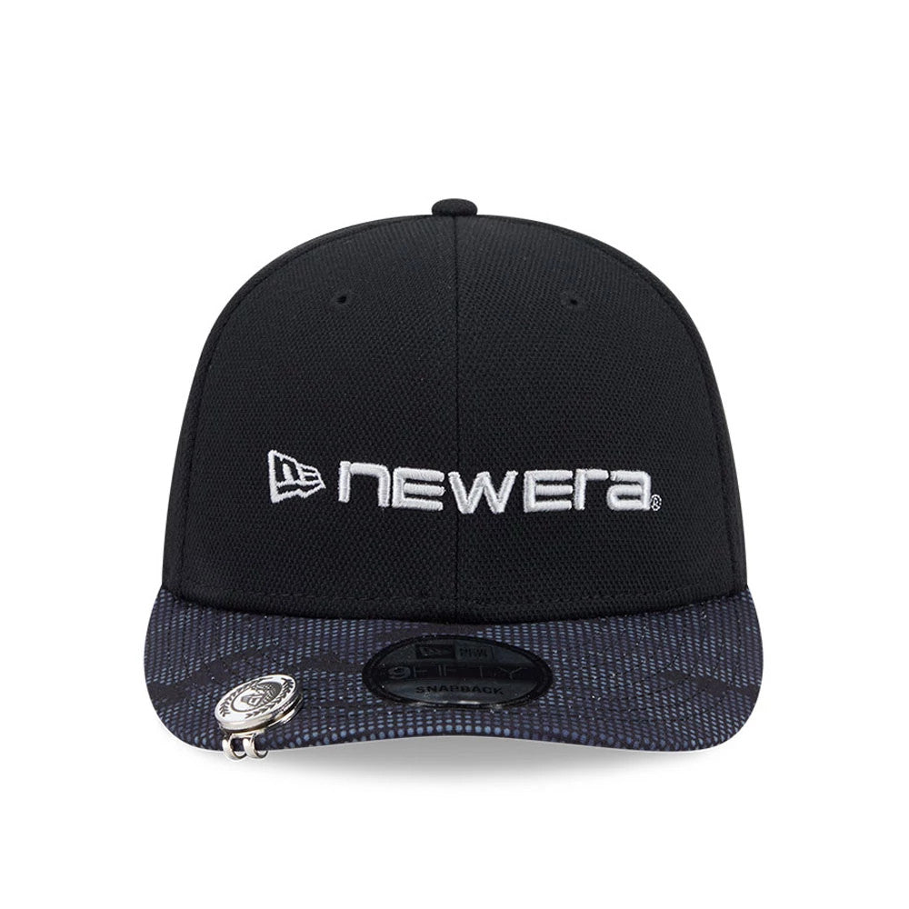 New Era Golf Black New Era 9FIFTY Snapback Adjustable Cap, front view showing white embroidered New Era text logo on the structured black crown, with a patterned black visor and a 9FIFTY size sticker.