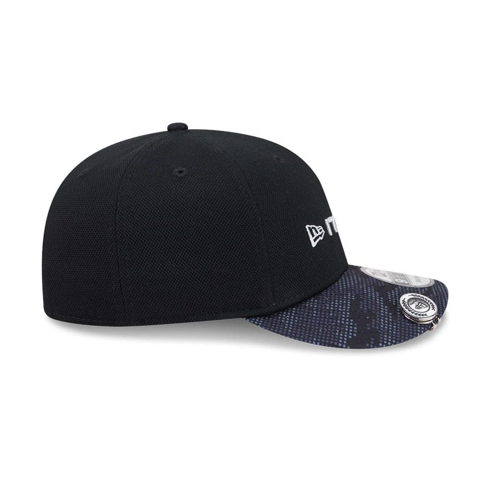 New Era Golf Black 9FIFTY Snapback Adjustable Cap, side view showing the embroidered New Era flag logo on the left side of the structured black crown, with a patterned dark visor and a 9FIFTY size sticker.