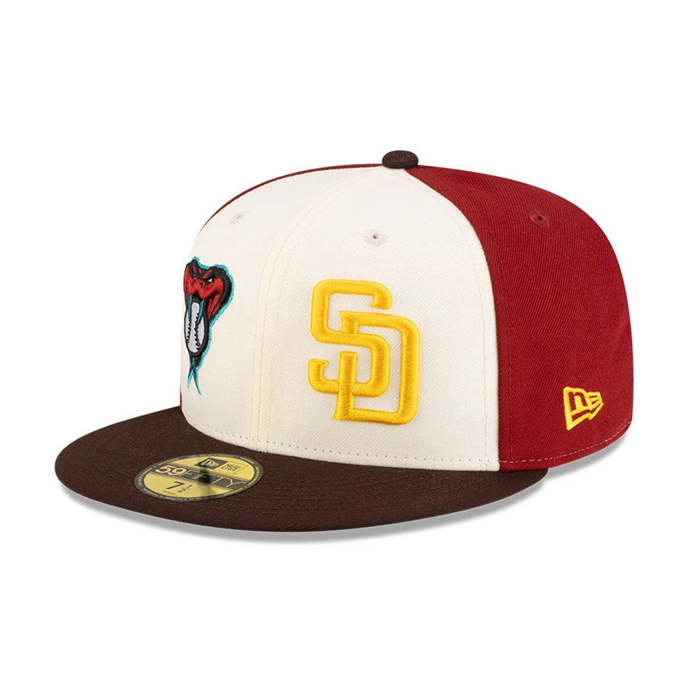 Dueling League MLB Mexico City Series 2026 White New Era 59FIFTY Fitted Cap, three-quarter view with a yellow SD logo in raised embroidery on the front panel, a brown visor with a gold 59FIFTY size sticker and a yellow New Era flag on the left side.