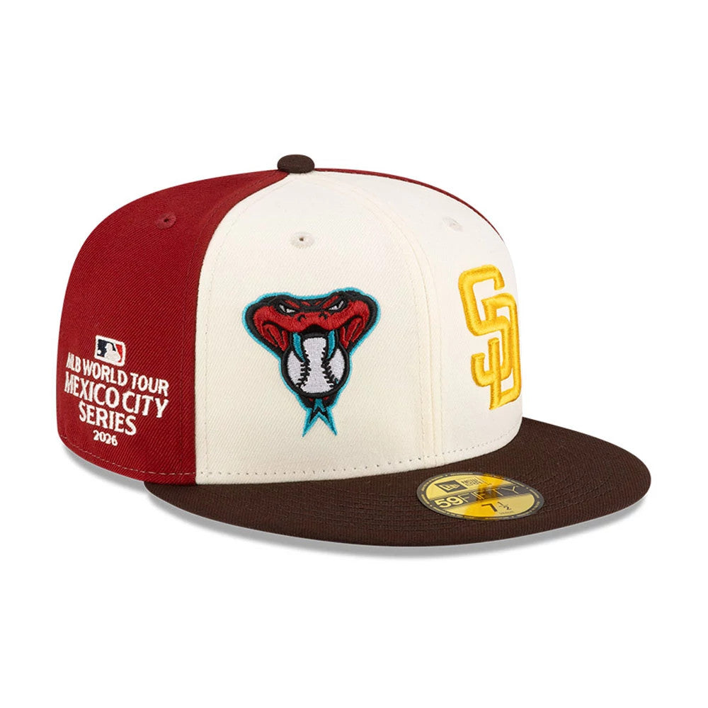Dueling League MLB Mexico City Series 2026 White New Era 59FIFTY Fitted Cap, front view showing a brown flat visor with a gold 59FIFTY size sticker, cream front panels with a snake and baseball logo, and yellow SD lettering.