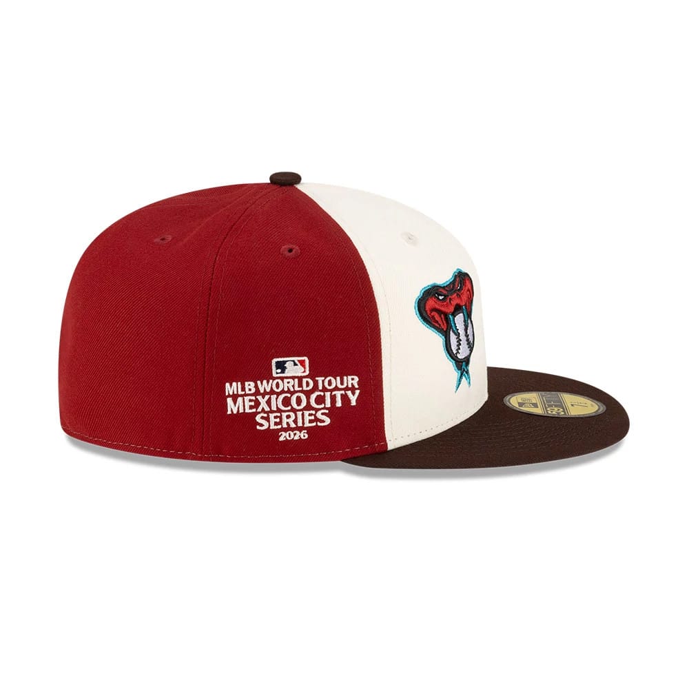 Dueling League MLB Mexico City Series 2026 White New Era 59FIFTY Fitted Cap, side view showing an embroidered snake logo on the front white panel, MLB World Tour Mexico City Series 2026 text on the maroon side panel.