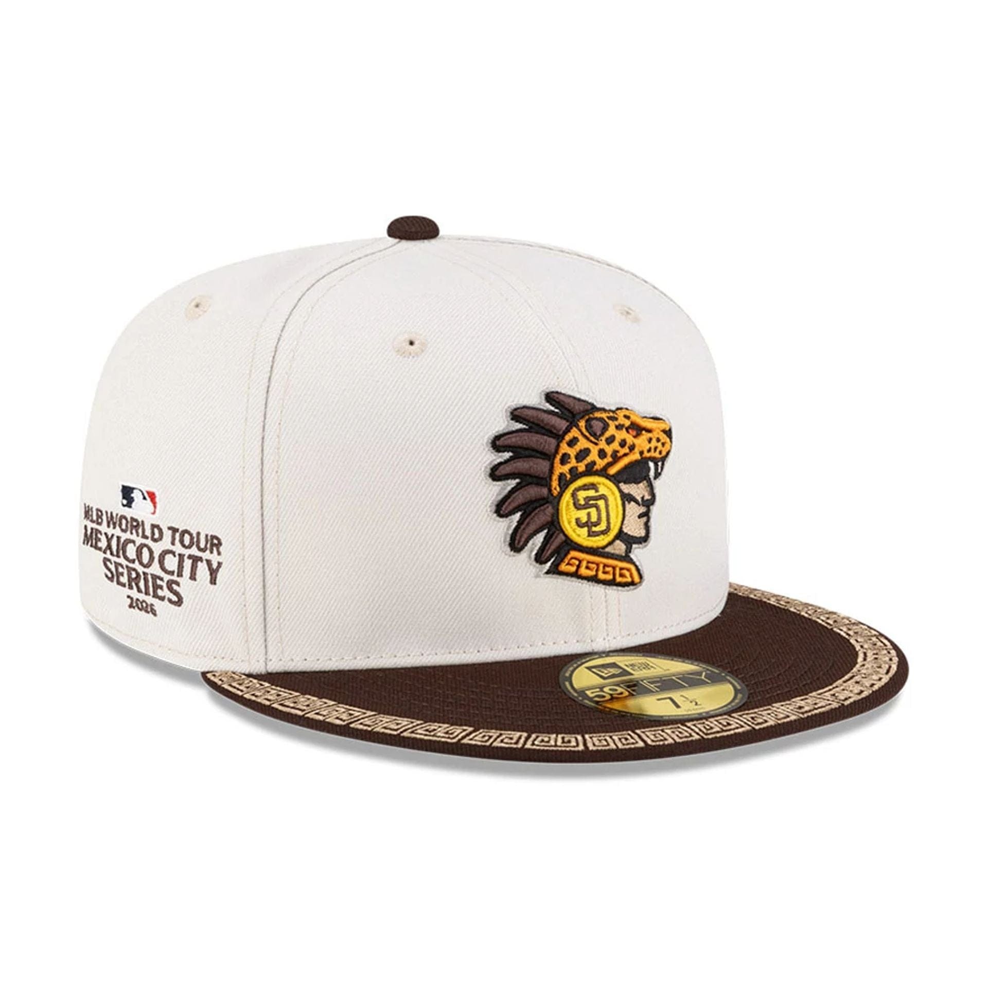 Pictured is this MLB Mexico City Series 2026 San Diego Padres 59FIFTY Fitted cap in light beige. 1