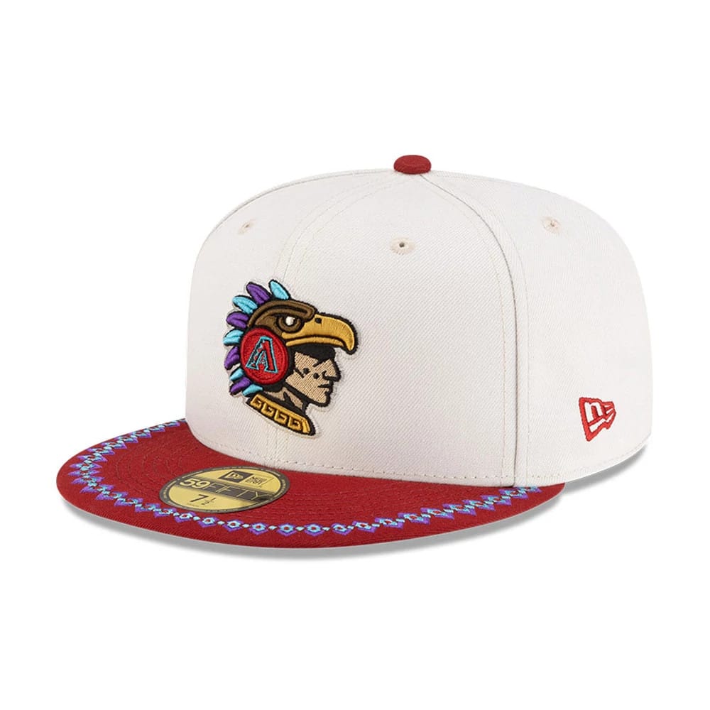 Arizona Diamondbacks MLB Mexico City Series 2026 White New Era 59FIFTY Fitted Cap, front view showing a Aztec-inspired logo on the front panel, maroon visor with blue and white embroidery, and the New Era flag logo on the left side.