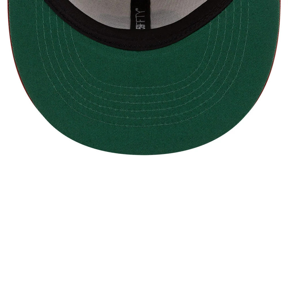 Arizona Diamondbacks MLB Mexico City Series 2026 White New Era 59FIFTY Fitted Cap, inside view showing the dark green undervisor, black sweatband with a white 59FIFTY logo label, and grey interior taping across the structured panels.