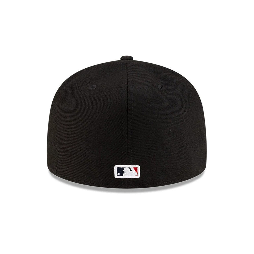 Dueling League MLB Mexico City Series 2026 Black New Era 59FIFTY Fitted Cap, rear view showing the white embroidered MLB Batterman logo at the centre back, with a black structured crown and matching black eyelets for a finish.