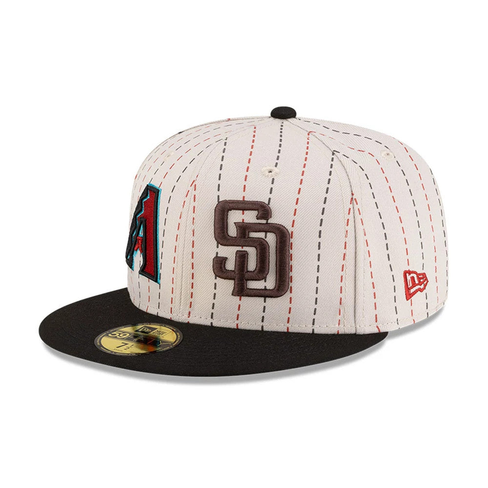 Dueling League MLB Mexico City Series 2026 Light Beige New Era 59FIFTY Fitted Cap, three-quarter view showing brown raised embroidered SD logo on the front panel, black visor with gold 59FIFTY size sticker.
