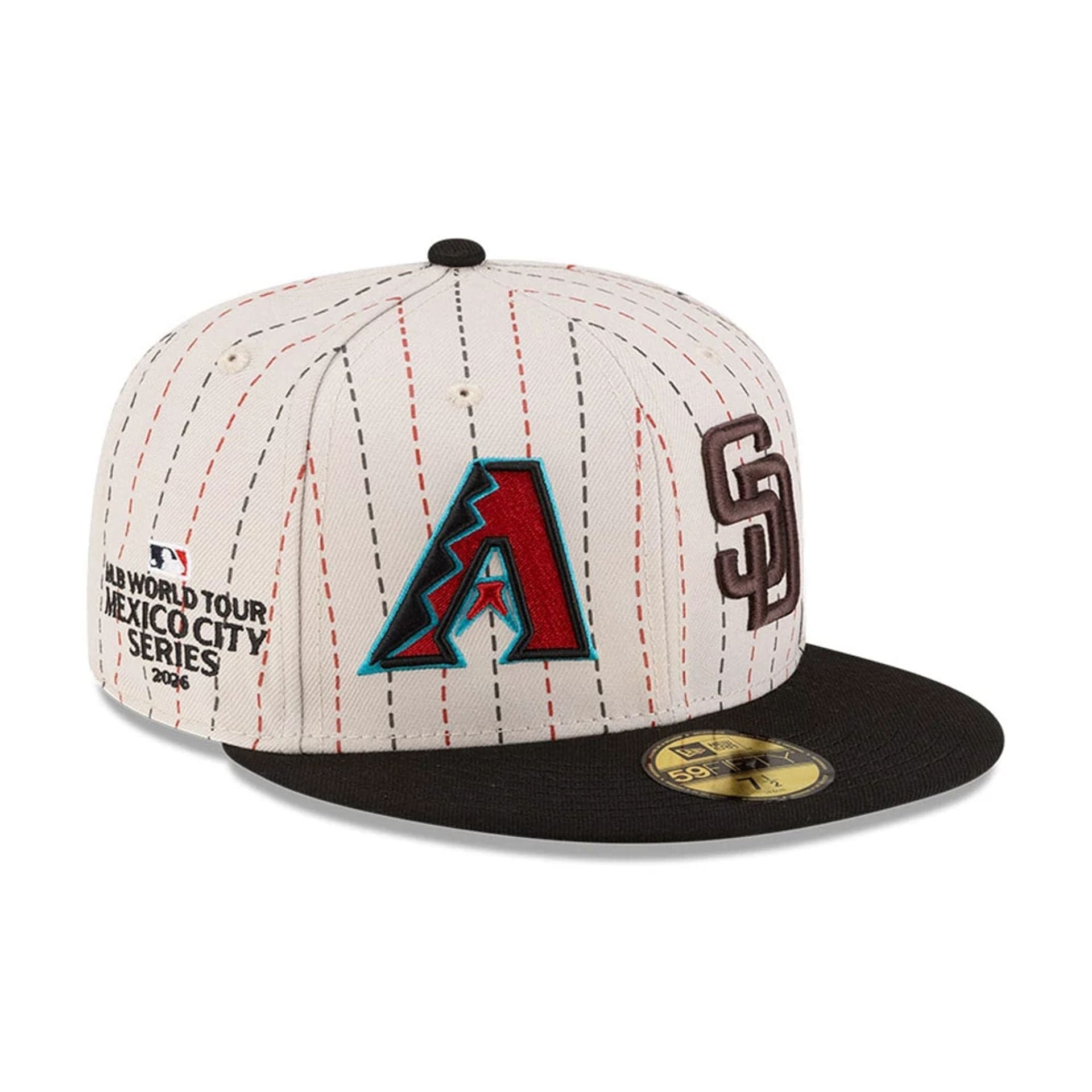 Pictured is this MLB Mexico City Series 2026 MLB Dueling League Logos 59FIFTY Fitted cap in light beige. 1