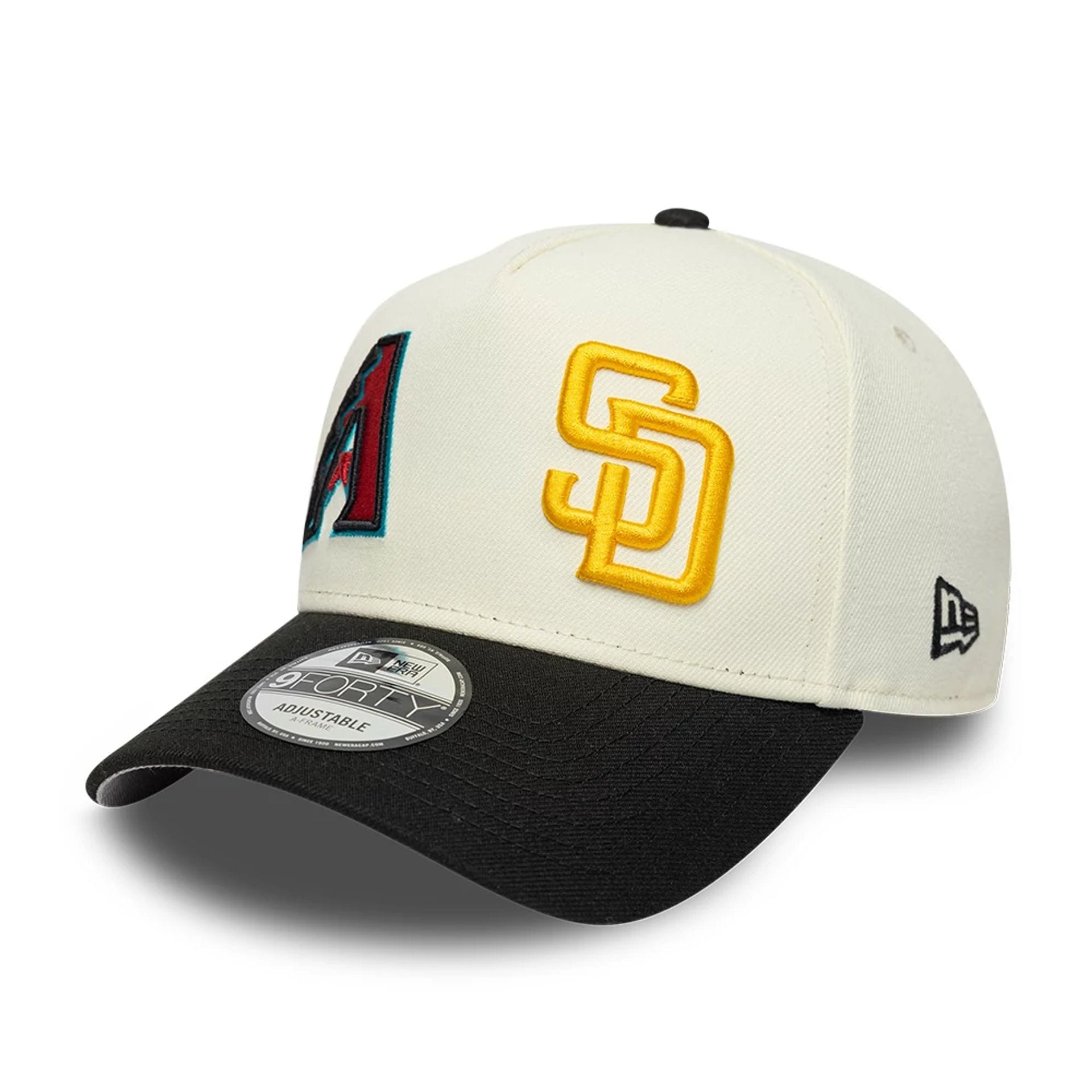 Pictured is this MLB Mexico City Series 2026 MLB Dueling League Logos 9FORTY A-Frame Adjustable cap in white. 1