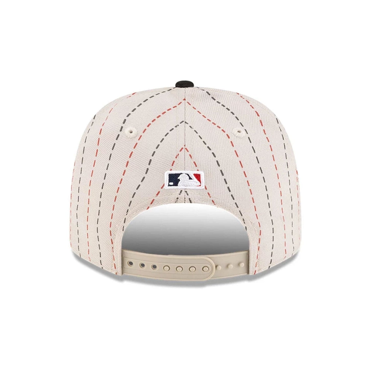 Pictured is this MLB Mexico City Series 2026 MLB Dueling League Logos 9SEVENTY Stretch Snap Adjustable cap in light beige. 7