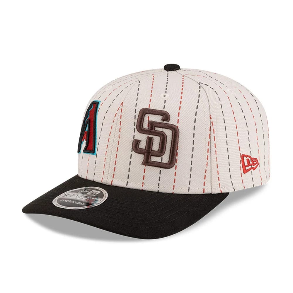 Dueling League MLB Mexico City Series 2026 Light Beige New Era 9SEVENTY Stretch Snap Adjustable Cap, front view showing brown raised embroidered SD logo on the light beige crown with red and black stripes and a black visor with 9SEVENTY size sticker.
