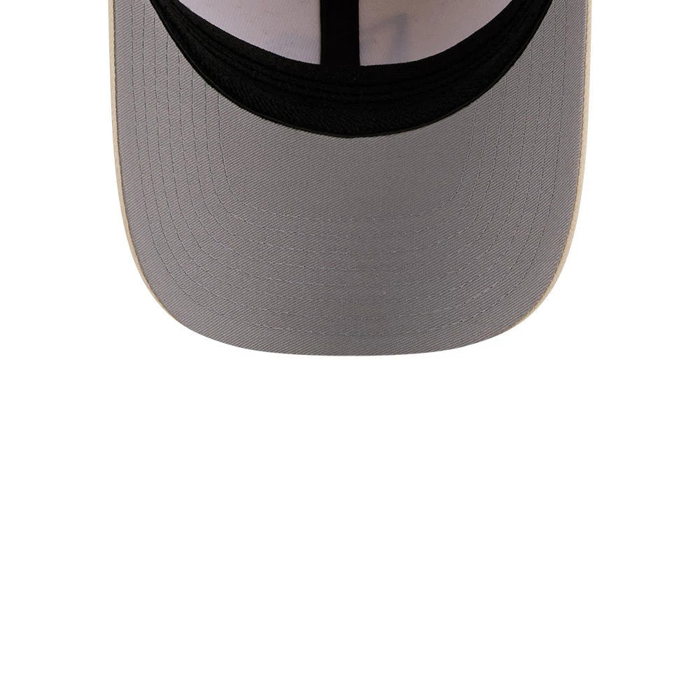 New Era Flag Light Beige New Era 39THIRTY M-Crown Stretch Fit Cap, inside view showing the light grey undervisor, black inner taping running through the structured crown, and the lightly padded black sweatband surrounding the base.