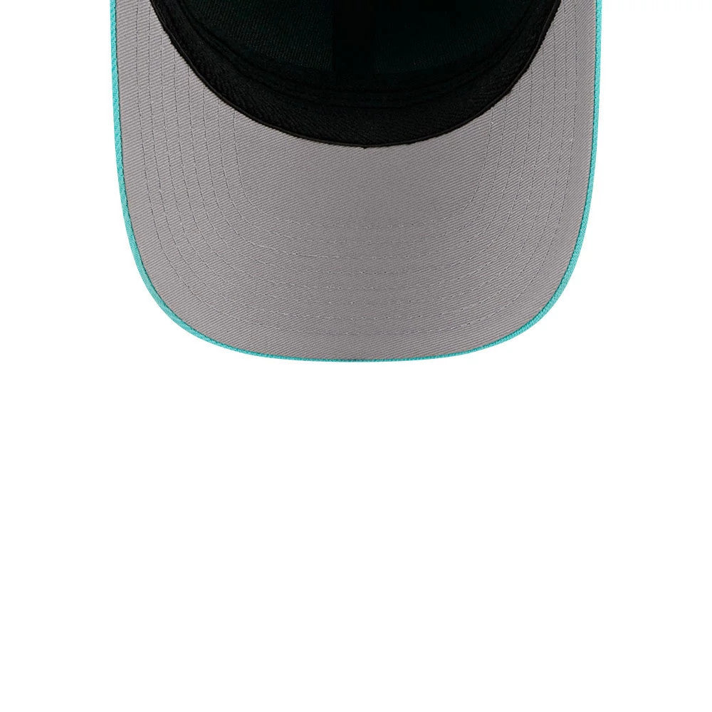 New Era Flag Pastel Blue New Era 39THIRTY M-Crown Stretch Fit Cap, inside view showing the grey undervisor, black sweatband, and contrast pastel blue edge of the visor for a detailed look at construction and colour contrast.