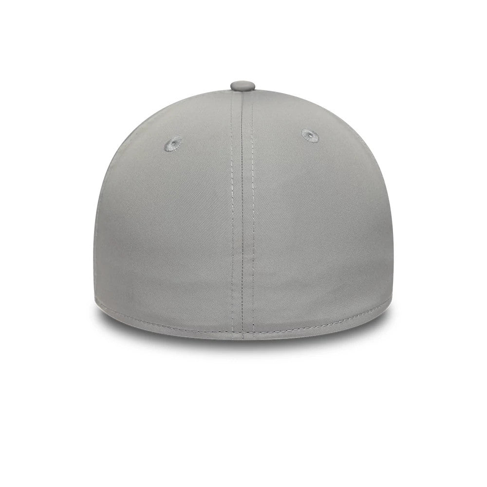 New Era Rubber Patch Grey 39THIRTY M-Crown A-Frame Stretch Fit Cap, rear view showing a grey structured crown with symmetrical panel seams, a central top button, and matching grey eyelets on the back panels for added detail.