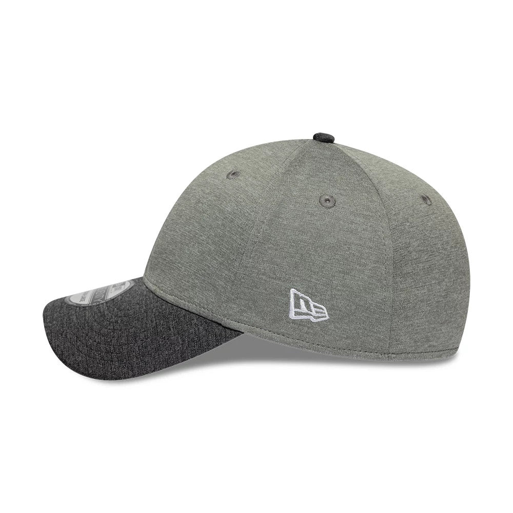 New Era 2 Tone Grey New Era 39SEVENTY Stretch Fit Cap, side view showing the white embroidered New Era flag logo on the left side, a dark grey curved visor with a 39SEVENTY size sticker, and matching top button.