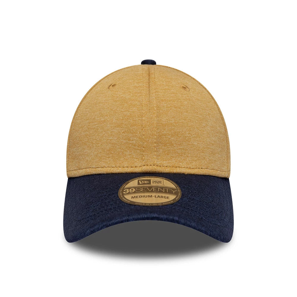 New Era 2 Tone Yellow 39SEVENTY Stretch Fit Cap, front view showing yellow fabric on the structured crown, contrast with a deep navy visor, and featuring a 39SEVENTY size sticker placed centrally on the visor.