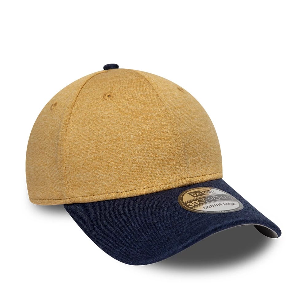 New Era 2 Tone Yellow 39SEVENTY Stretch Fit Cap, three-quarter view showing the plain yellow crown with matching eyelets and top button, complemented by a contrasting dark blue curved visor and a 39SEVENTY size sticker on the top.