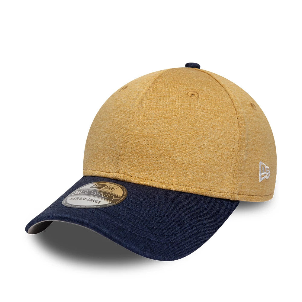 New Era 2 Tone Yellow 39SEVENTY Stretch Fit Cap, three-quarter view showing the white embroidered New Era flag logo on the left side of the structured yellow crown, contrasted with a navy curved visor and a gold 39SEVENTY size sticker on top.