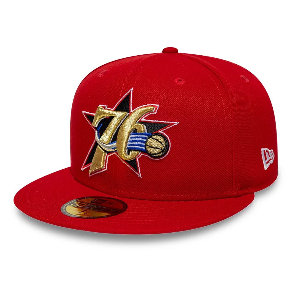 Pictured is this NBA Hardwood Classic Philadelphia 76ers 59FIFTY Fitted cap in red. 1