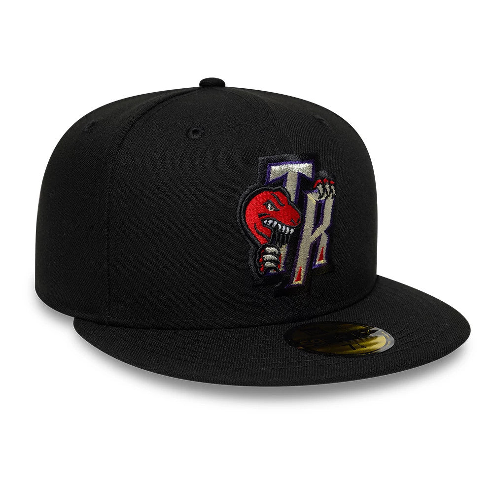 Toronto Raptors NBA Hardwood Classic Black New Era 59FIFTY Fitted Cap, three-quarter view showing a raised embroidered red dinosaur logo with TR letters on the front panel, on a structured black crown.